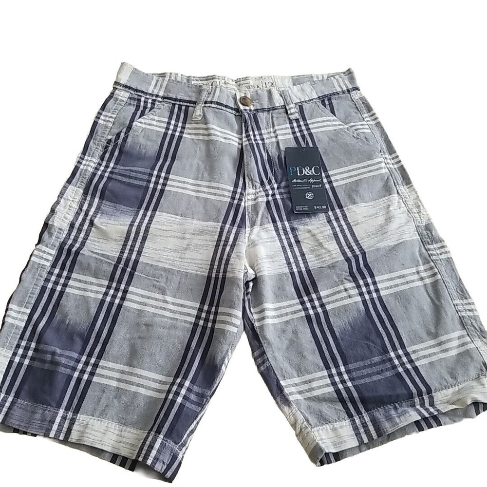 NWT PD&C Paper Denim & Cloth Boys Sz 12 Plaid Shorts Blue White Flat Front Ikat